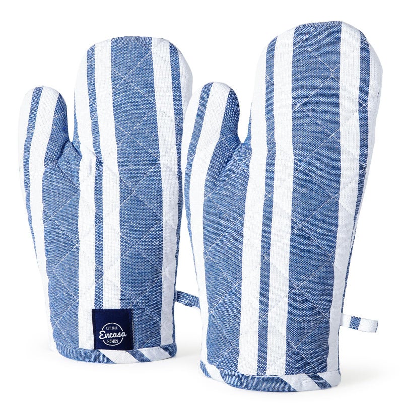 Encasa XO Long 12"x7" Oven Microwave Hand Gloves Mitts (2 pc Set) for Kitchen Cooking & Baking - Heat Resistant, Thick & Safe, Protection of Hands from Hot Utensils - Franca Blue Stripes - Image 1